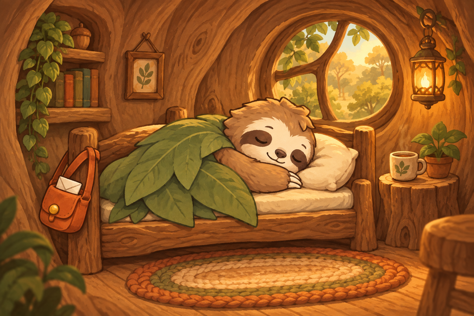 Mallow asleep in his bed inside the hollow tree, under a leaf blanket, with his bag hanging from the bedpost.